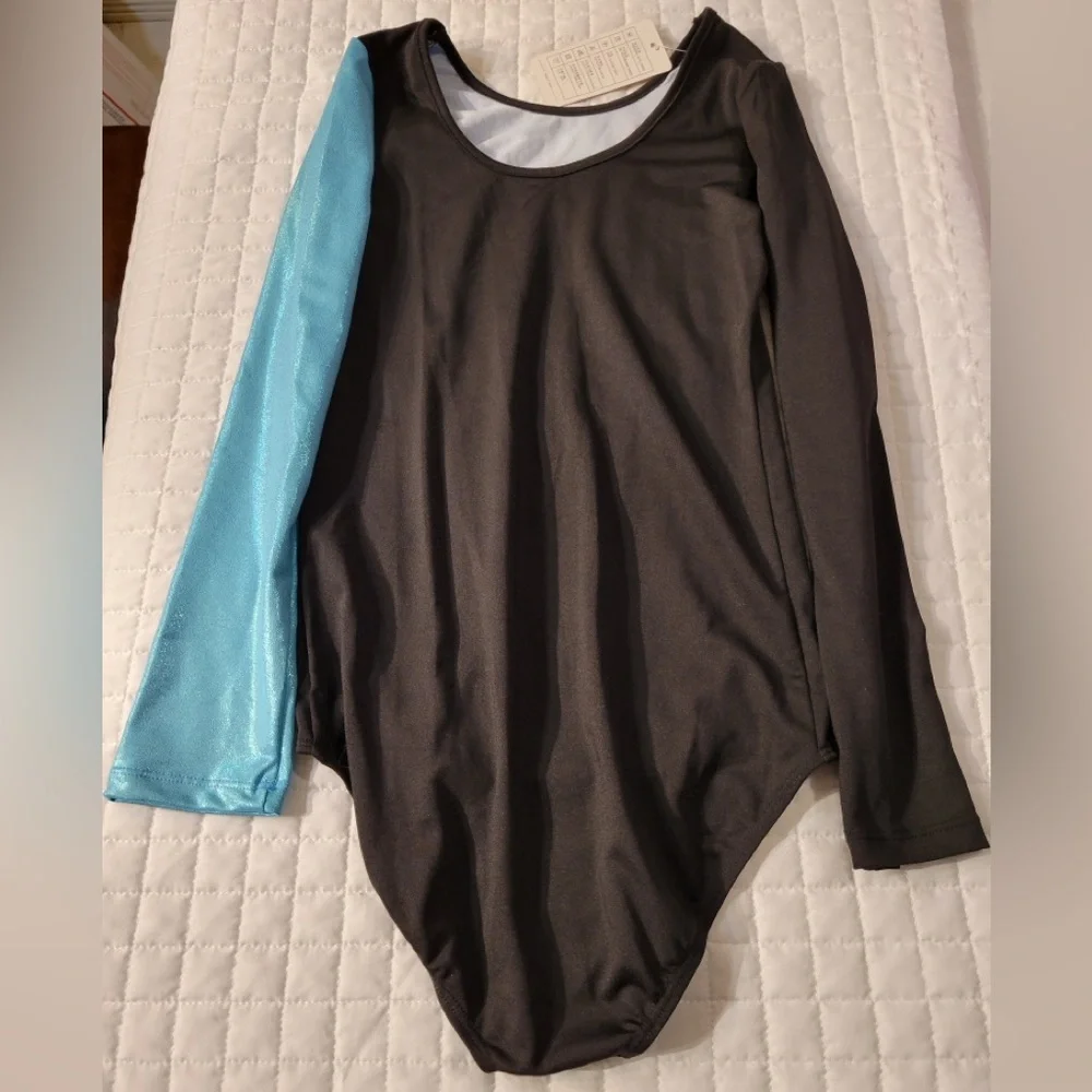 Girls Long Sleeve White Blue‎ Waves Dance Gymnastics Black Leotard Sparkle Shine